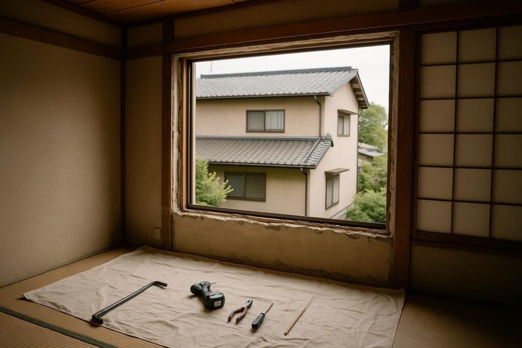 古い窓枠を外して壁を削った窓まわりのイメージ
